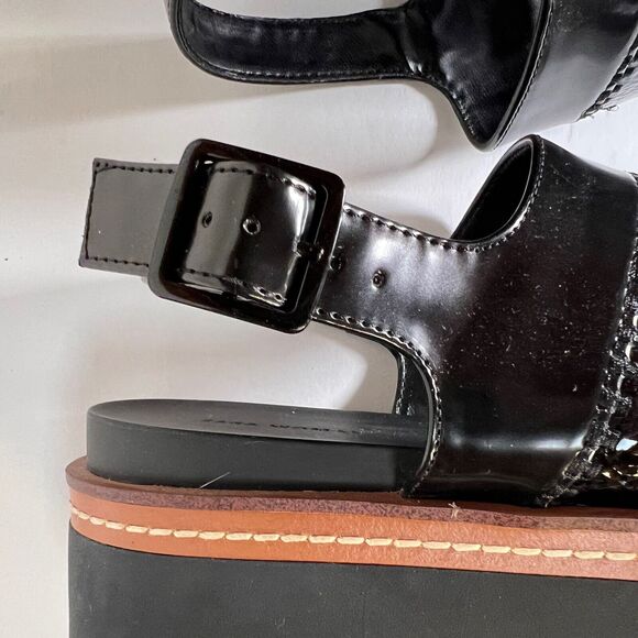 ZARA Platform Slingback Black Patent Faux Leather Sandals Size 7.5 Adjustable - Picture 10 of 16